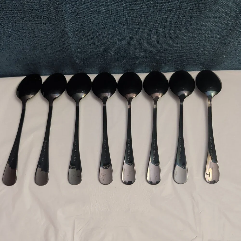 Set of 8 Black Stainless Steel Spoons 18/0 Modern Onyx Flatware Table Spoons Set